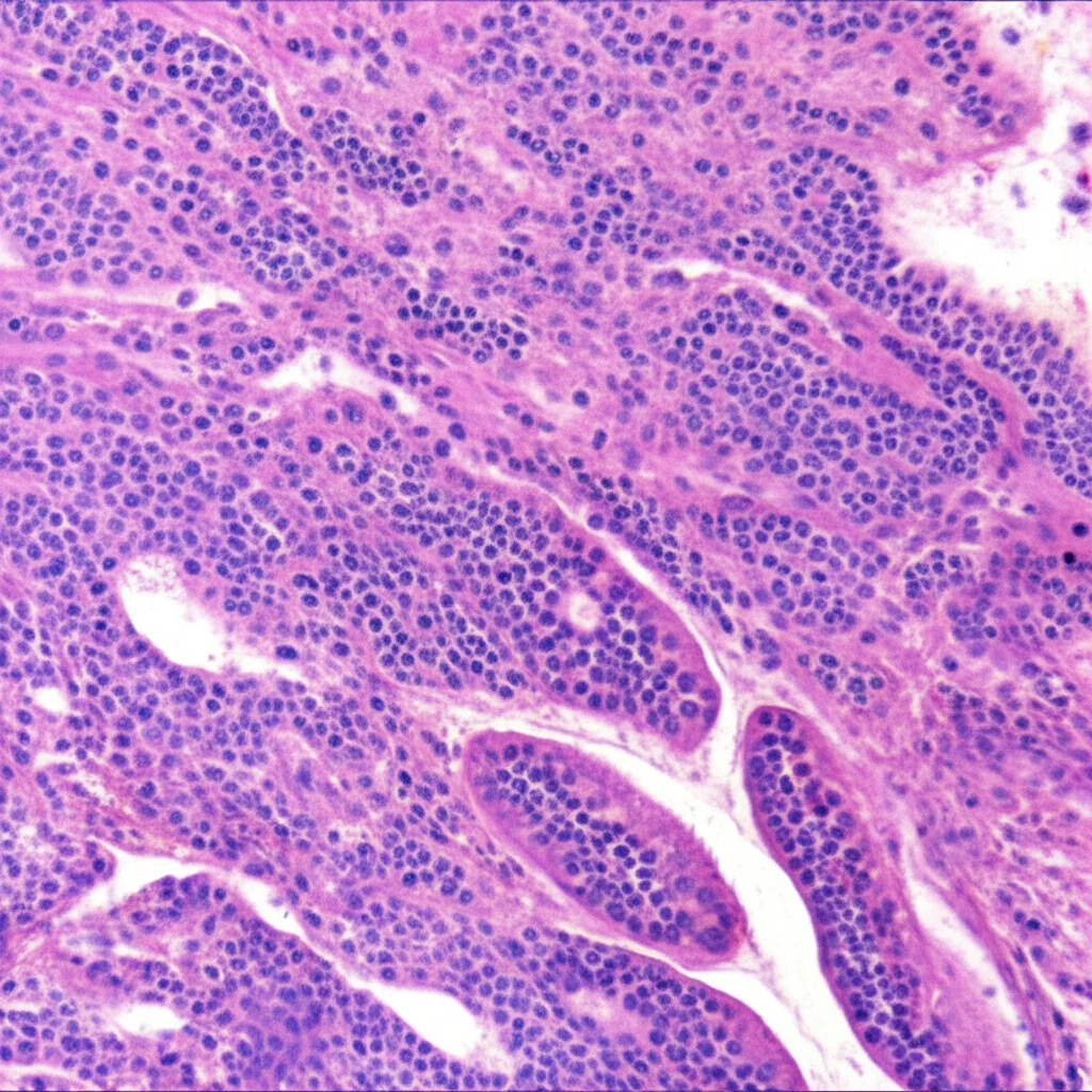 Immagine al microscopio di tessuto prostatico con carcinoma sarcomatoide, evidenziando la coesistenza di cellule ghiandolari (adenocarcinoma) e cellule fusiformi (componente sarcomatoide). Lente macro 100mm, alta definizione, illuminazione controllata per dettagli precisi.