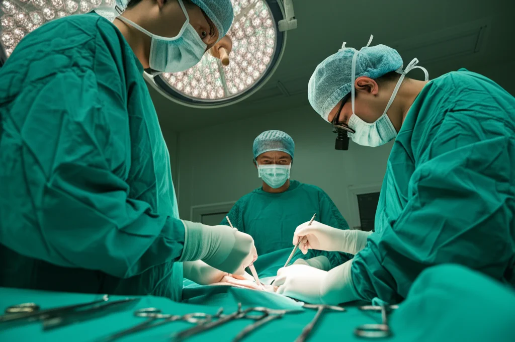 Sala operatoria durante un intervento di prostatectomia radicale a cielo aperto, chirurghi concentrati sul campo operatorio, luci chirurgiche intense, strumenti sterili. Lente zoom 24-70mm, profondità di campo.