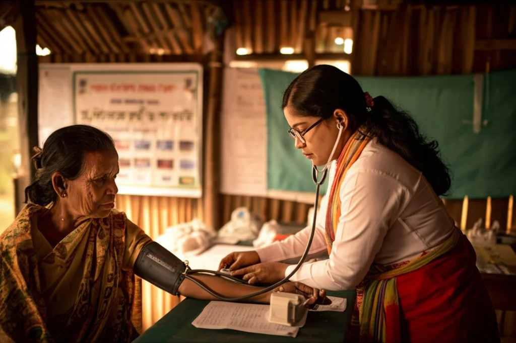 Fotografia di un operatore sanitario rurale in Bangladesh che misura la pressione sanguigna a una donna anziana in una clinica comunitaria modesta. Obiettivo prime 35mm, luce naturale filtrata, profondità di campo per mettere a fuoco l'interazione, toni caldi.