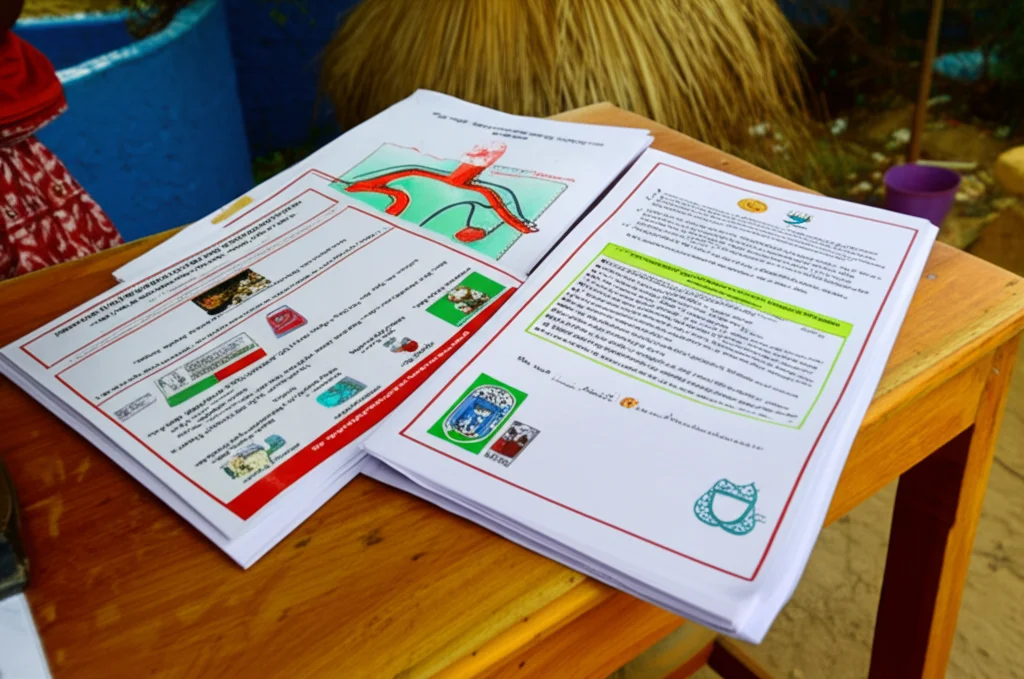 Immagine macro di materiale educativo sull'ipertensione (opuscoli, grafici semplici) su un tavolo in un contesto rurale del Bangladesh. Obiettivo macro 90mm, alta definizione, illuminazione controllata per evidenziare i dettagli del testo e delle immagini.