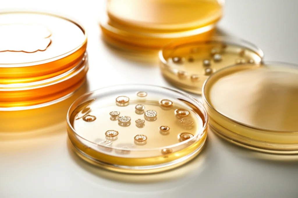 Still life in laboratorio, lente macro 100mm, che mostra diverse piastre Petri con gel di agar. Alcune piastre mostrano crescita batterica evidente, mentre altre hanno pozzetti riempiti con un olio essenziale trasparente senza alcuna zona di inibizione visibile attorno. Alta definizione, messa a fuoco precisa, illuminazione controllata da laboratorio.