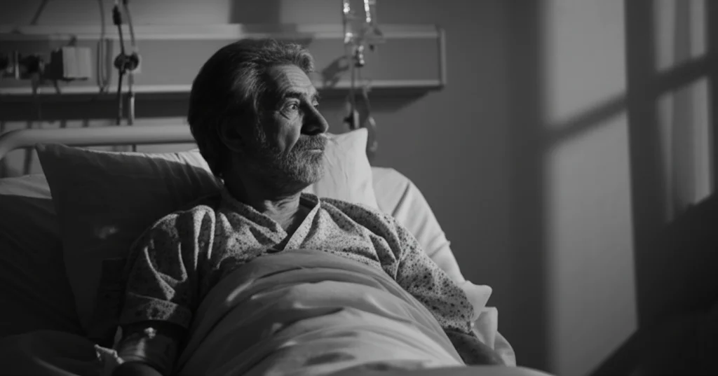 Fotografia realistica di un paziente in un letto d'ospedale che guarda fuori dalla finestra con espressione preoccupata, luce naturale soffusa, obiettivo 35mm, profondità di campo che sfoca leggermente lo sfondo della stanza, bianco e nero film noir.