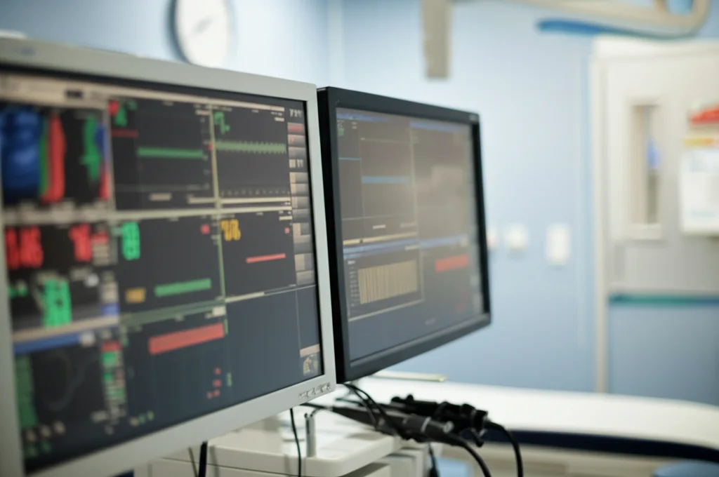 Interno di una moderna sala endoscopica con monitor che mostrano grafici e dati in tempo reale (simulazione di Power BI). L'ambiente è pulito e tecnologico, con un endoscopio visibile su un carrello. Obiettivo prime 35mm, profondità di campo che sfoca leggermente lo sfondo, illuminazione controllata e professionale.