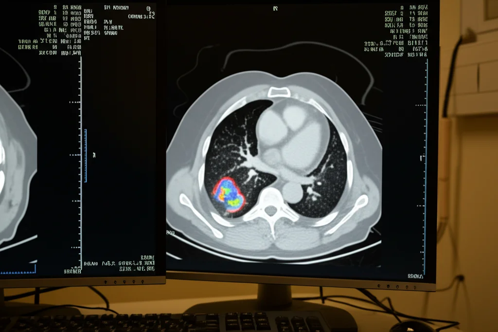 Immagine medica realistica di una scansione PET-CT del torace visualizzata su un monitor ad alta definizione in una sala di refertazione, con aree di ipercaptazione del tracciante che indicano attività infiammatoria/infettiva nei polmoni, illuminazione controllata, obiettivo 50mm.
