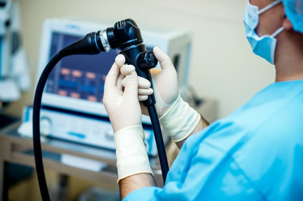 Primo piano sulle mani guantate di un medico endoscopista che manovra con precisione i controlli di un colonscopio. L'immagine trasmette concentrazione e abilità manuale. Obiettivo macro 100mm, alta definizione dei dettagli, illuminazione controllata per enfatizzare la texture dei guanti e dello strumento.