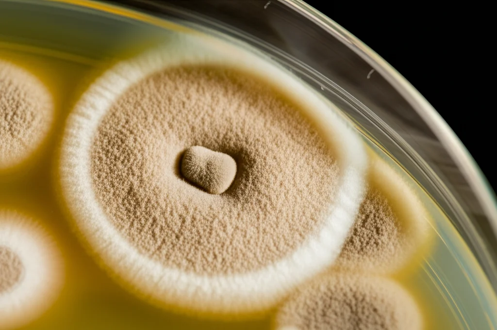 Macro fotografia di colonie fungine di Aspergillus su una piastra di Petri in laboratorio, illuminazione laterale controllata per evidenziare la texture, messa a fuoco estremamente precisa sulle strutture filamentose, obiettivo macro 100mm, alta definizione.