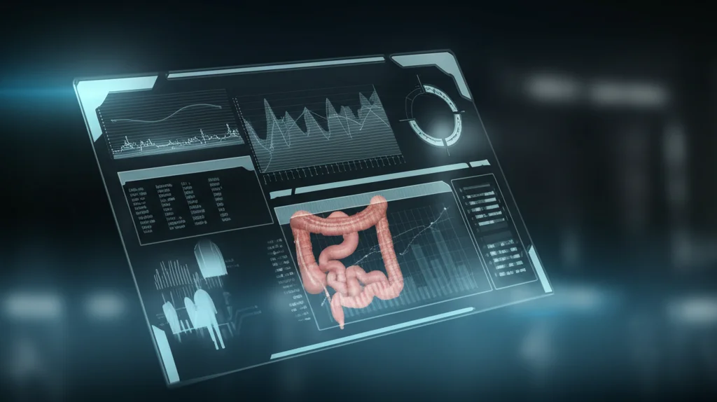 Visualizzazione astratta e futuristica di dati medici su uno schermo trasparente, con linee luminose che rappresentano l'analisi AI di un'immagine del colon. Sfondo scuro per enfatizzare i dati. Obiettivo grandangolare 20mm, messa a fuoco nitida sui dati, effetto leggermente etereo.