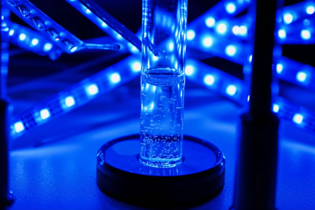 Fotografia macro di un setup di laboratorio fotochimico con una fiala contenente una soluzione chimica bluastra illuminata intensamente da strisce di LED blu brillanti, obiettivo macro 100mm, alta definizione dei dettagli delle bollicine e della vetreria, illuminazione controllata focalizzata sulla reazione.