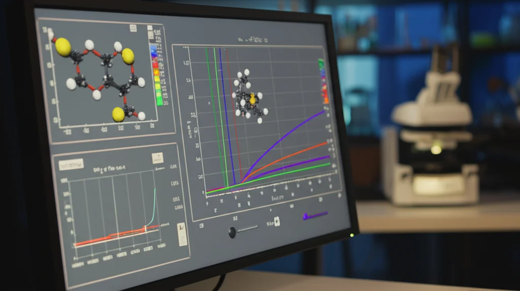 Primo piano di uno schermo di computer in un laboratorio moderno che mostra calcoli DFT (Density Functional Theory) di una traiettoria di reazione molecolare, con strutture molecolari 3D colorate e grafici energetici complessi, illuminazione controllata dello schermo per alta definizione, sfondo leggermente sfocato con apparecchiature scientifiche.