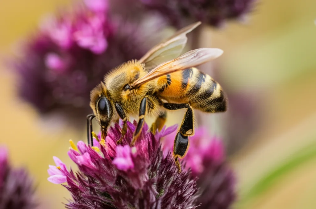 Fotografia macro di un'ape impollinatrice su un fiore selvatico in una fascia fiorita ai margini di un campo coltivato. Obiettivo macro 105mm, alta definizione, messa a fuoco precisa sul polline, illuminazione naturale controllata per esaltare i dettagli dell'insetto e dei petali.