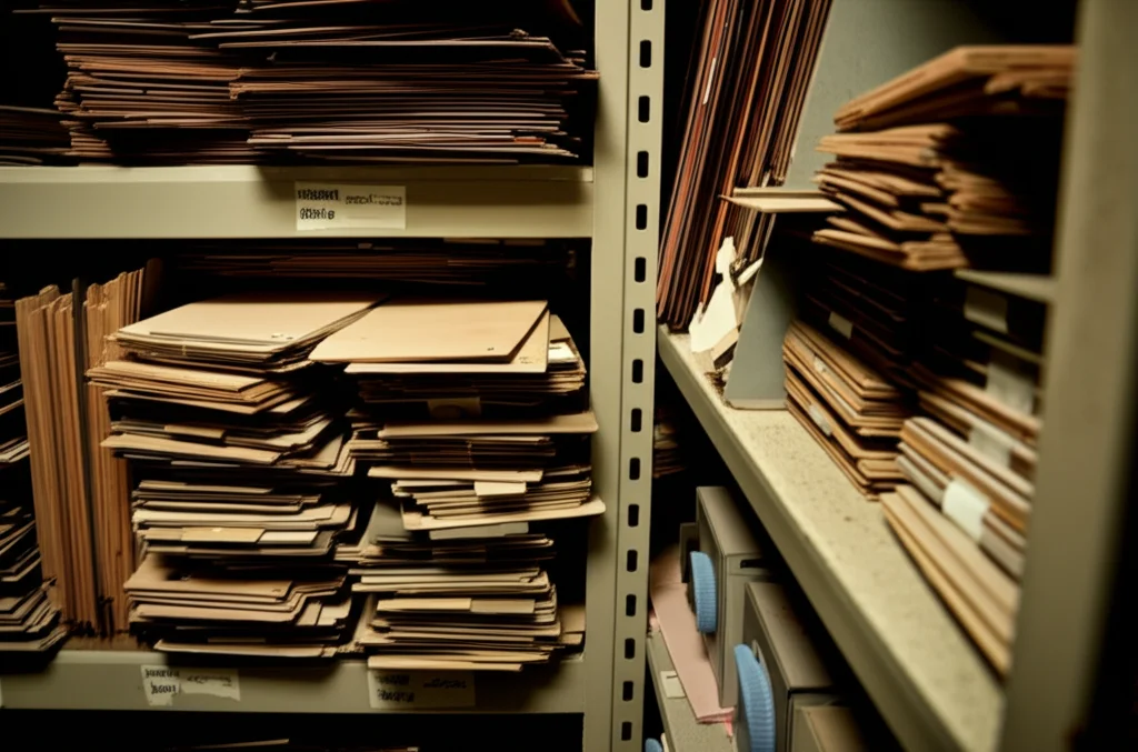 Vecchi nastri magnetici per computer PDP-8 e schede perforate accatastati su uno scaffale polveroso in un archivio poco illuminato, fotografia macro 100mm, luce controllata drammatica, alta definizione, che simboleggia i dati ecologici legacy a rischio di perdita.