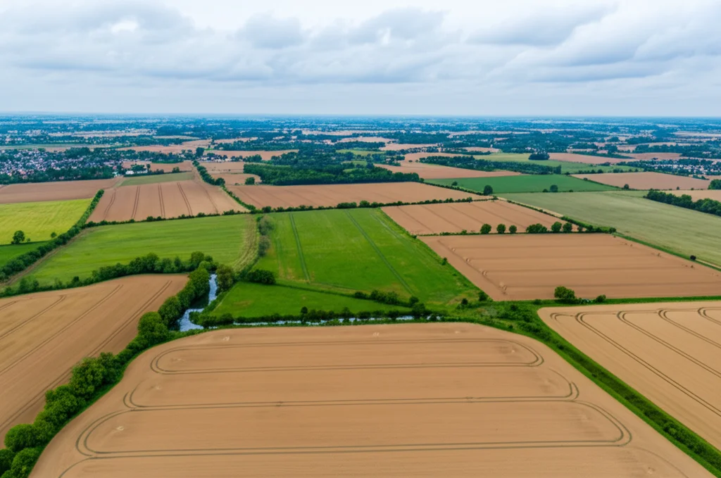 Veduta aerea con drone di un paesaggio agricolo diversificato nella regione Hauts-de-France. Obiettivo grandangolare 20mm, luce diffusa diurna, si vedono campi coltivati, siepi, piccole aree boschive e un corso d'acqua, a simboleggiare l'interazione tra agricoltura e ambiente gestita dagli AES. Messa a fuoco nitida su tutto il panorama.