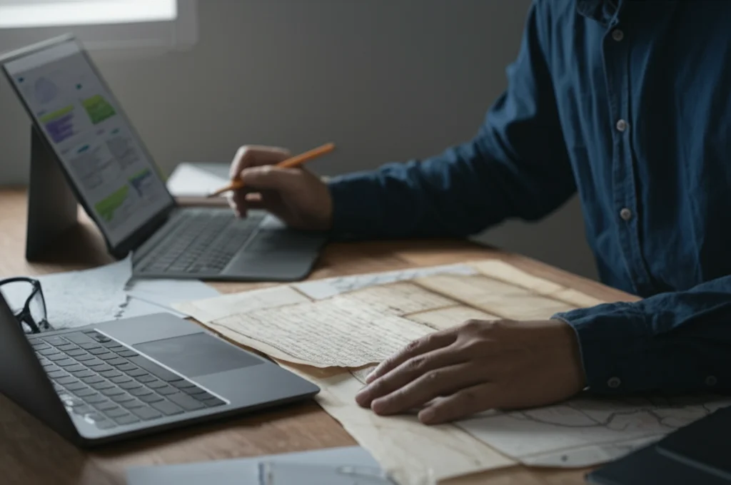 Un ricercatore che esamina attentamente vecchi fogli di registrazione sul campo scritti a mano e mappe sbiadite su un tavolo di legno, accanto a un laptop aperto che mostra un database, obiettivo prime 35mm, profondità di campo ridotta che mette a fuoco le mani e i documenti, luce da finestra laterale.