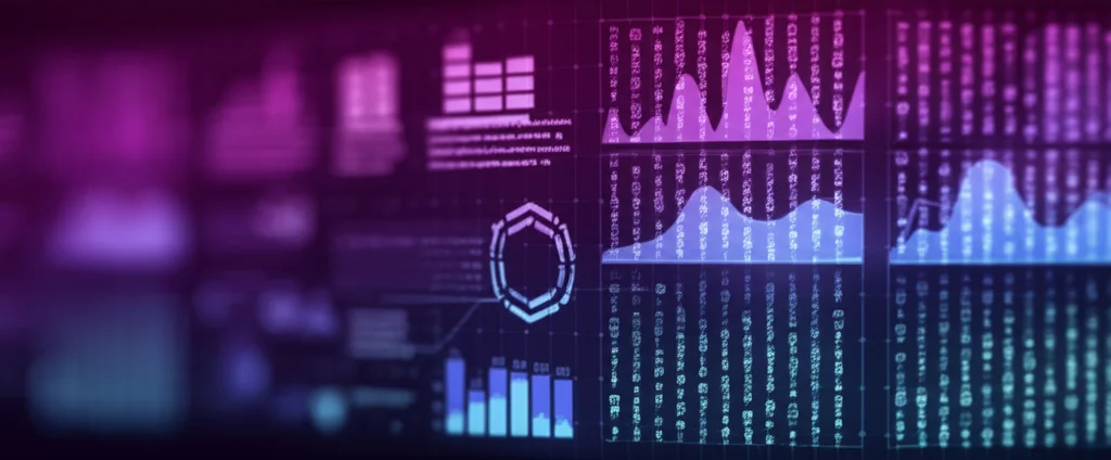 Visualizzazione astratta di algoritmi di machine learning che analizzano dati genetici complessi su uno schermo digitale, linee luminose blu e viola su sfondo scuro, stile high-tech, focus nitido sui dati.