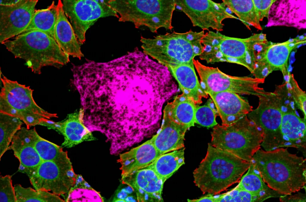 Microscopia ad alta risoluzione del microambiente tumorale mammario, visualizzando cellule tumorali (colorate in magenta) circondate da diverse popolazioni di cellule immunitarie (verdi e blu), macro lens 80mm, high detail, precise focusing.