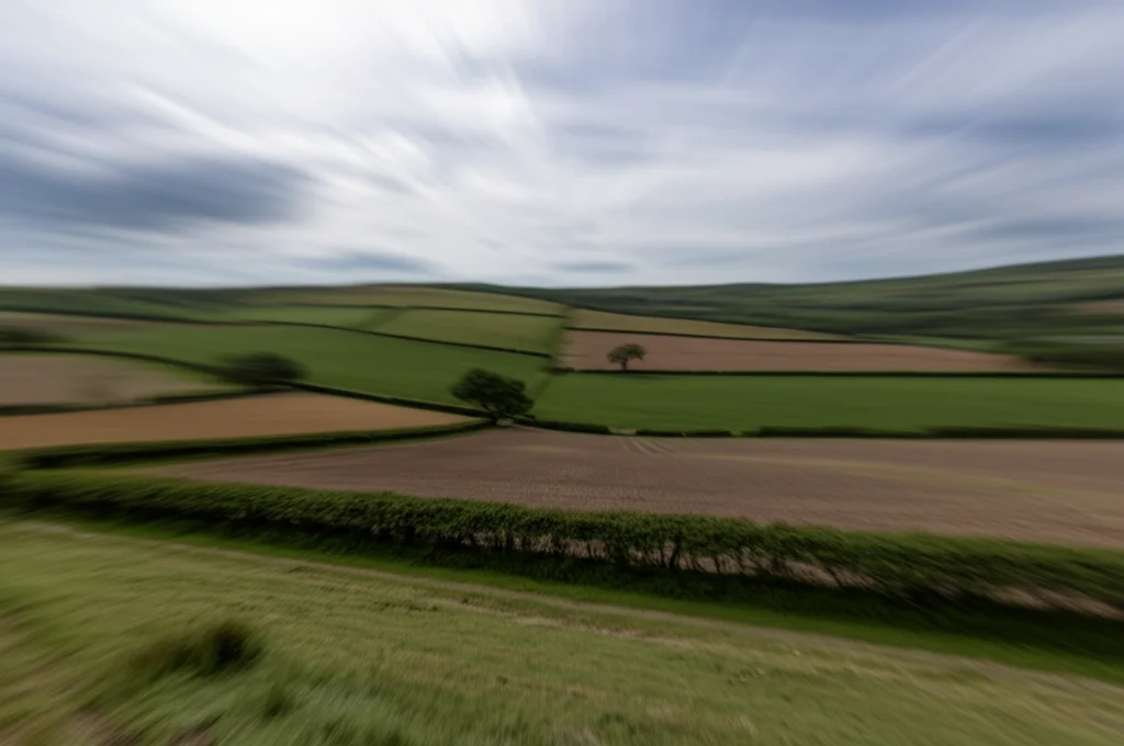 Paesaggio collinare britannico con siepi che dividono i campi sotto un cielo parzialmente nuvoloso, ripreso con obiettivo grandangolare 20mm, messa a fuoco nitida su tutto il campo, lunga esposizione per nuvole leggermente mosse, che illustra il tipo di ambiente studiato dai sondaggi a lungo termine.