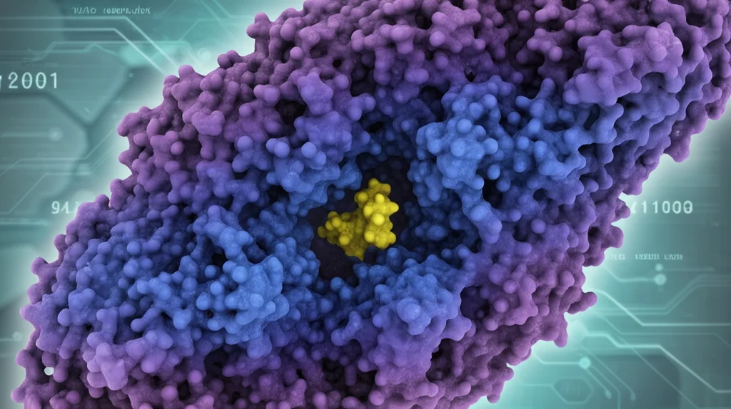 Modello 3D di docking molecolare che mostra una piccola molecola di farmaco (gialla brillante) che si inserisce precisamente nel sito attivo di una proteina target (struttura complessa viola/blu), sfondo scientifico astratto, high detail.