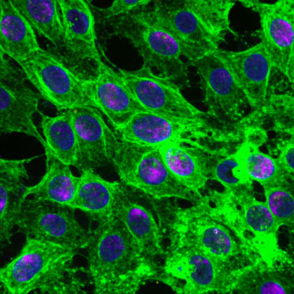Visualizzazione microscopica del microambiente tumorale renale, obiettivo macro 80mm, alta definizione, illuminazione controllata, che mostra cellule tumorali (viola) interagenti strettamente con fibroblasti attivati (verdi) in una matrice extracellulare complessa.