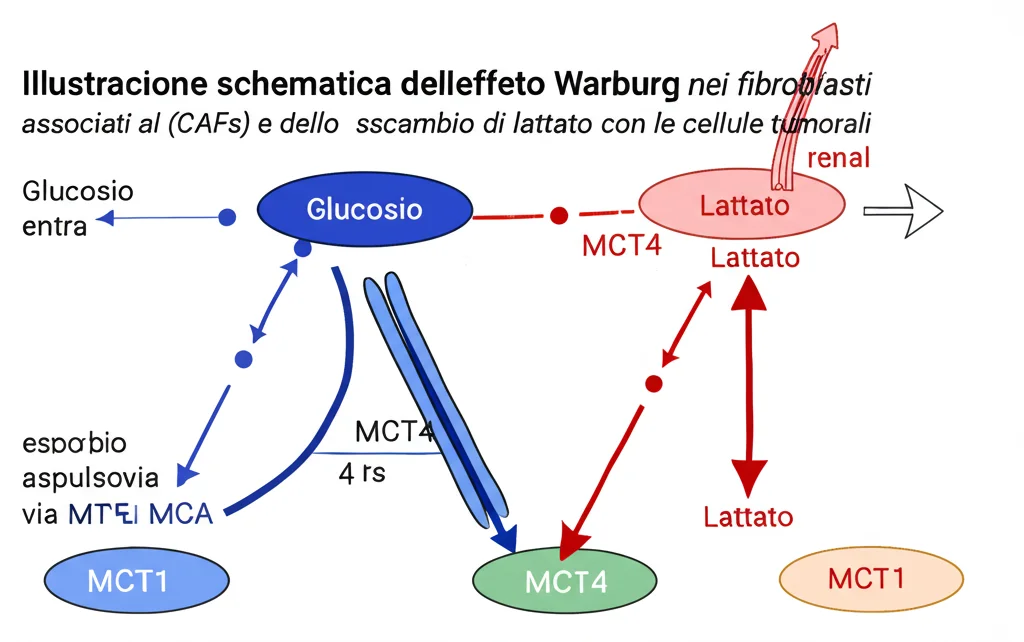 Illustrazione schematica dell'effetto Warburg nei fibroblasti associati al cancro (CAFs) e dello scambio di lattato con le cellule tumorali renali, stile infografica scientifica, alta definizione, colori contrastanti per evidenziare il flusso metabolico: glucosio entra nei CAFs (blu), viene convertito in lattato (rosso) che è espulso via MCT4 e assorbito dalle cellule tumorali via MCT1.