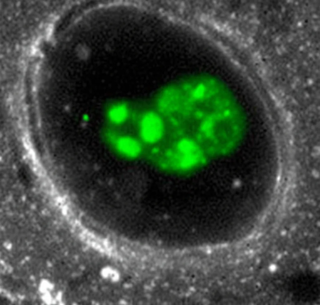 Microscopia confocale ad alta risoluzione che mostra condensati proteici di TFG fluorescenti (verdi) all'interno di una cellula HeLa, evidenziando la loro struttura cava e porosa vicino al reticolo endoplasmatico (non visibile) e al Golgi (non visibile). I condensati appaiono come foci discreti di circa 300-400 nm. Obiettivo macro 100mm, illuminazione controllata, alta risoluzione, dettaglio elevato.