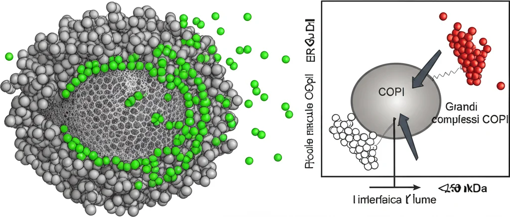 Illustrazione 3D che mostra un condensato cavo di TFG (struttura a rete porosa grigia) all'interfaccia ER-Golgi. Piccole molecole COPII (verdi, <250 kDa) entrano liberamente attraverso i pori nel lume interno. Grandi complessi COPI (rossi, >500 kDa) e ribosomi (blu, ~20 nm) sono troppo grandi per passare e rimangono all’esterno. Dettaglio elevato, illuminazione drammatica che enfatizza la selettività dimensionale, obiettivo macro 60mm.” /></p>
<p>        A cosa serve questo setaccio? Pensiamo ai protagonisti del traffico ER-Golgi:</p>
<ul>
<li>I complessi COPII (Sec23/Sec24 e Sec13/Sec31) che formano le vescicole anterograde sono relativamente piccoli (ogni eterodimero < 250 kDa).</li>
<li>Il complesso COPI (coatomer) che forma le vescicole retrograde è molto più grande (> 500 kDa).</li>
<li>I ribosomi, che traducono l’mRNA in proteine, sono anch’essi grandi (~20 nm di diametro) e infatti l’interfaccia ER-Golgi è nota per essere una zona “ribosome-excluding”.</li>
</ul>
<p>        I nostri esperimenti *in vitro* hanno confermato che i ribosomi vengono efficientemente esclusi dai condensati di TFG. E nelle cellule? Abbiamo sovraespresso TFG per creare condensati più grandi e facili da osservare, e poi abbiamo guardato dove andavano a finire le proteine COPII e COPI. Risultato: le proteine COPII (Sec23 e Sec24) entravano efficientemente nei condensati TFG, mentre il complesso COPI veniva costantemente escluso, rimanendo alla periferia!</p>
<h4>Un Meccanismo Dinamico: Regolazione nel Ciclo Cellulare</h4>
<p>        Questa struttura non è però statica. Sappiamo che durante la mitosi (la divisione cellulare), l’ER e il Golgi si frammentano e il traffico si modifica. Cosa succede a TFG? Osservando le nostre cellule con TFG endogeno marcato, abbiamo visto che nelle cellule in mitosi i condensati sparivano! TFG diventava diffuso nel citosol.</p>
<p>        Come avviene questa dissoluzione? La risposta sembra essere la <b>fosforilazione</b> (l’aggiunta di gruppi fosfato). Abbiamo scoperto che TFG è una fosfoproteina (ha sempre dei gruppi fosfato attaccati), ma durante la mitosi viene <i>iperfosforilata</i> (ne vengono aggiunti molti di più), in particolare in un sito specifico (Treonina 87) e probabilmente in altre regioni. Queste cariche negative aggiuntive sembrano causare repulsione tra le molecole di TFG, impedendo loro di condensare. Infatti, se trattavamo TFG purificato da cellule mitotiche con una fosfatasi (un enzima che rimuove i fosfati), questo recuperava la capacità di formare condensati cavi! Al contrario, creando una versione “fosfomimetica” di TFG (mutando i siti di fosforilazione per imitare la carica negativa), questa non riusciva a formare condensati nelle cellule. Questo ci dice che la struttura TFG è dinamicamente regolata durante il ciclo cellulare, smontandosi e rimontandosi rapidamente al momento giusto.</p>
<h4>Un Quadro Completo: L’Architetto e il Guardiano dell’Interfaccia</h4>
<p>        Mettendo insieme tutti i pezzi, emerge un quadro affascinante. TFG non è solo una “colla”, ma un vero e proprio <b>architetto e guardiano molecolare</b> dell’interfaccia ER-Golgi.</p>
<ol>
<li><b>Struttura l’interfaccia:</b> Auto-organizzandosi in condensati cavi di ~300 nm, TFG definisce fisicamente lo spazio tra ER e Golgi, contribuendo forse anche alla curvatura delle membrane osservata in questa zona.</li>
<li><b>Crea uno spazio limitato alla diffusione:</b> Il lume cavo del condensato diventa una zona protetta e confinata per il trasporto anterogrado.</li>
<li><b>Segrega il traffico bidirezionale:</b> Agendo come un setaccio molecolare, permette l’ingresso dei componenti COPII (necessari per formare le vescicole dirette al Golgi) nel suo lume, ma esclude i grossi complessi COPI (che mediano il trasporto retrogrado) e i ribosomi, mantenendoli alla periferia.</li>
<li><b>Ottimizza il flusso:</b> Questa separazione previene collisioni e mescolamenti indesiderati, assicurando un flusso efficiente e ordinato di materiale tra ER e Golgi.</li>
<li><b>È regolato dinamicamente:</b> La sua capacità di assemblarsi e disassemblarsi tramite fosforilazione permette alla cellula di controllare questa struttura in base alle proprie esigenze, ad esempio durante la divisione cellulare.</li>
</ol>
<p>        Questa scoperta risolve il mistero decennale della segregazione spaziale di COPII e COPI e ci fornisce una visione molto più chiara di come questa regione cruciale della cellula sia organizzata e funzioni. Ci mostra anche, ancora una volta, come le proteine possano auto-organizzarsi in strutture complesse e funzionali, sfruttando le proprietà dei condensati biomolecolari per orchestrare i processi vitali. È un esempio meraviglioso dell’eleganza e dell’efficienza delle soluzioni adottate dalla natura a livello molecolare!</p>
<p>        Fonte: <a href=