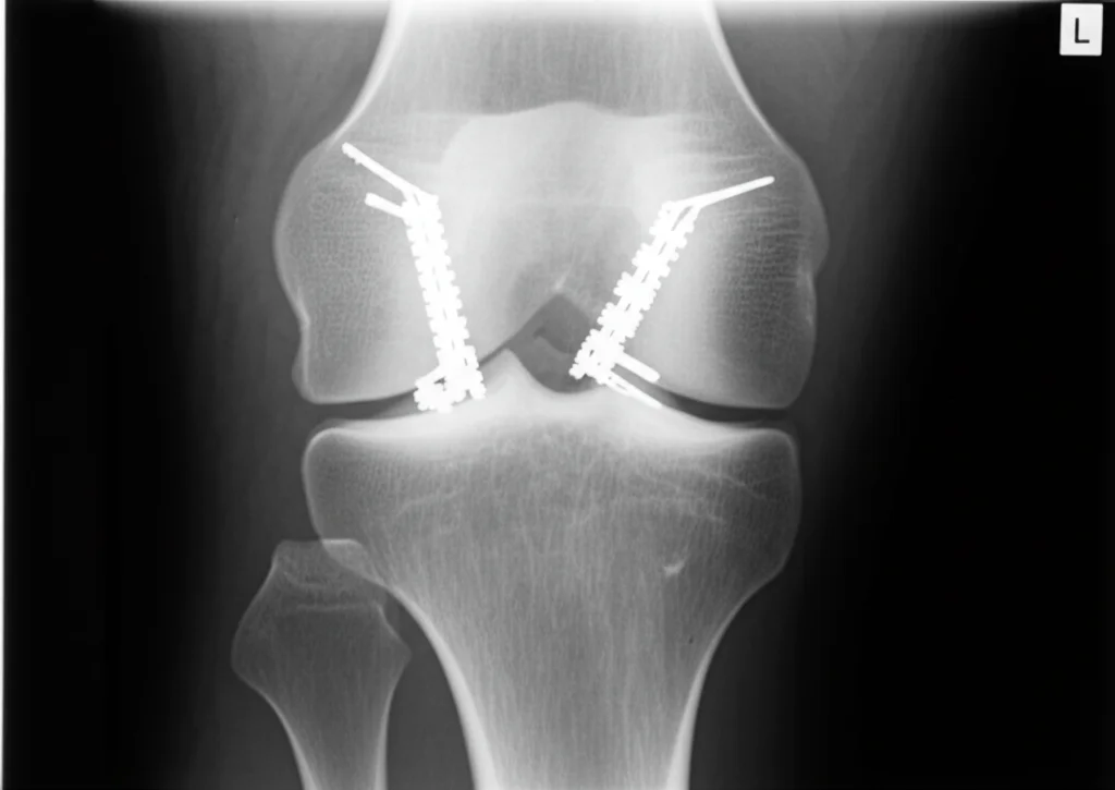 Radiografia del ginocchio in vista laterale, stile macro 90mm, che mostra una frattura da avulsione tibiale del LCP dopo l'intervento con tecnica suture bridge, evidenziando le ancore e la riduzione della frattura, alta definizione, illuminazione controllata.
