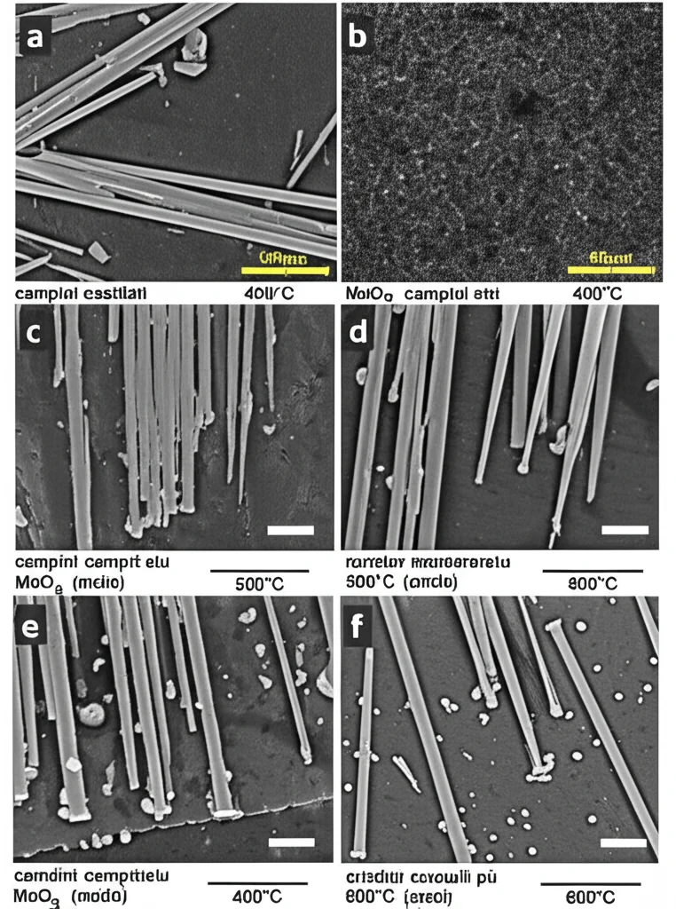 Immagine macro fotorealistica, scattata con obiettivo 100mm, di diverse microstrutture di MoO3 su substrato di molibdeno. L'immagine mostra con alta definizione e illuminazione controllata la differenza morfologica tra campioni ossidati a 400°C (superficie liscia), 500°C (nanobarre definite) e 600°C (cristalli più grandi), evidenziando l'importanza della temperatura.
