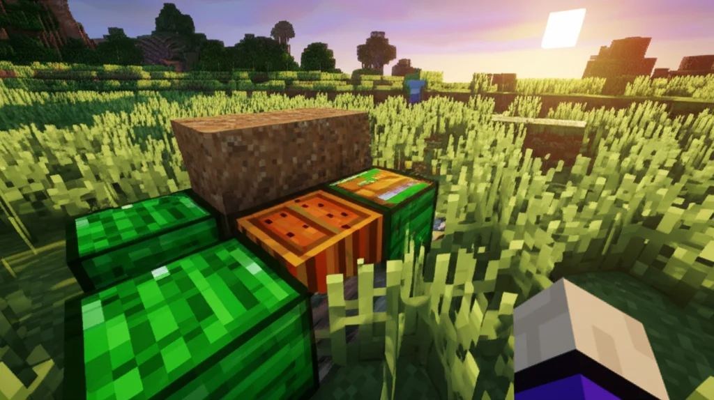Vista in prima persona dall'interno dell'ambiente Minecraft dell'esperimento. Si vedono blocchi di risorse (zucche o angurie) in un campo. In lontananza, l'avatar di un altro giocatore. Obiettivo prime 35mm, profondità di campo che sfoca leggermente lo sfondo, luce ambientale naturale del gioco.