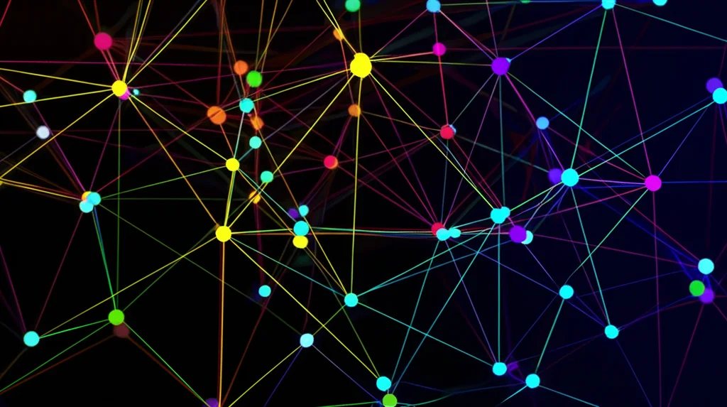 Visualizzazione astratta di una rete sociale. Nodi rappresentano i partecipanti all'esperimento, linee colorate rappresentano le interazioni (prossimità o visibilità). Alcuni nodi sono più centrali o hanno più connessioni in entrata/uscita. Stile grafico pulito, su sfondo scuro.