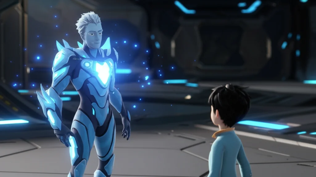 Primo piano di due avatar stilizzati in un ambiente virtuale. Un avatar ha appena trovato una ricompensa (simboleggiata da particelle luminose blu), l'altro avatar lo sta osservando attentamente. Macro lens 100mm, high detail, luce drammatica che evidenzia l'interazione.