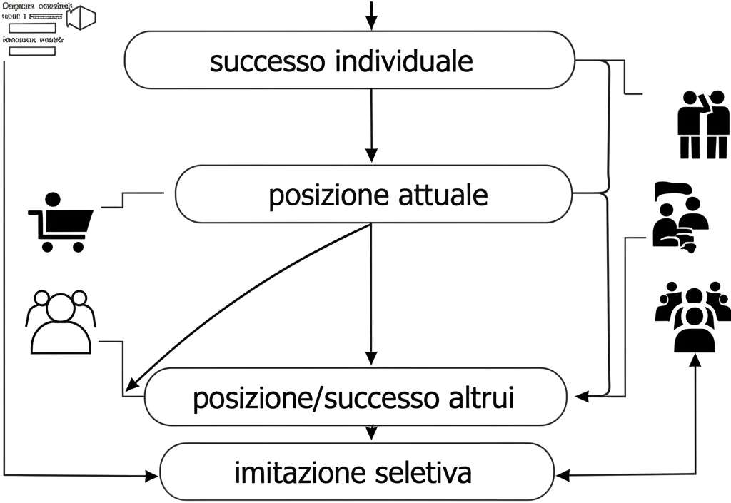 Diagramma concettuale stilizzato che illustra le componenti del modello computazionale vincente (ARS+Cond). Mostra input come 'successo individuale', 'posizione attuale', 'posizione/successo altrui' che influenzano output come 'ricerca locale' e 'imitazione sociale selettiva'. Grafica informativa chiara, icone semplici.