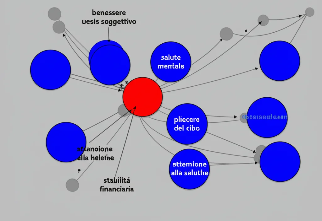 Grafico astratto che mostra nodi interconnessi rappresentanti benessere soggettivo (nodo centrale rosso), salute mentale (nodo blu, connessione negativa), piacere del cibo (nodo blu, connessione positiva), attenzione alla salute (nodo blu, connessione positiva) e stabilità finanziaria (nodo blu, connessione positiva). Altri nodi grigi mostrano connessioni indirette. Stile fotorealistico, illuminazione controllata, high detail.