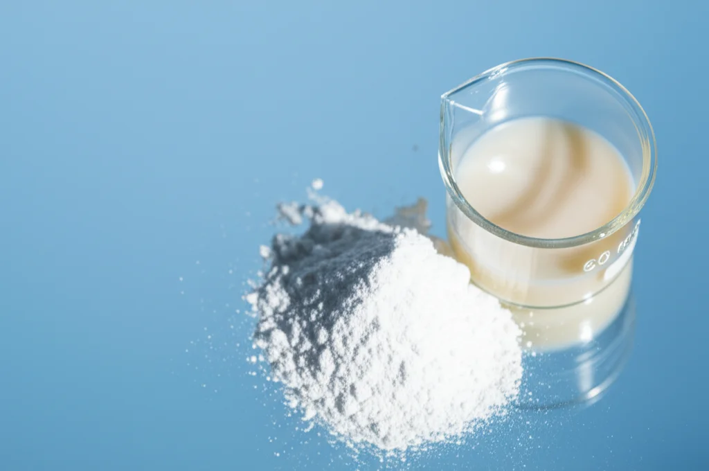 Lenti macro, 60 mm, dettagli elevati, messa a fuoco precisa, illuminazione controllata: primo piano di una polvere di chitosano bianca incontaminata accanto a un piccolo becher di vetro trasparente contenente una formulazione cosmetica viscosa e leggermente opaca, accennando agli ingredienti naturali in un ambiente di laboratorio.