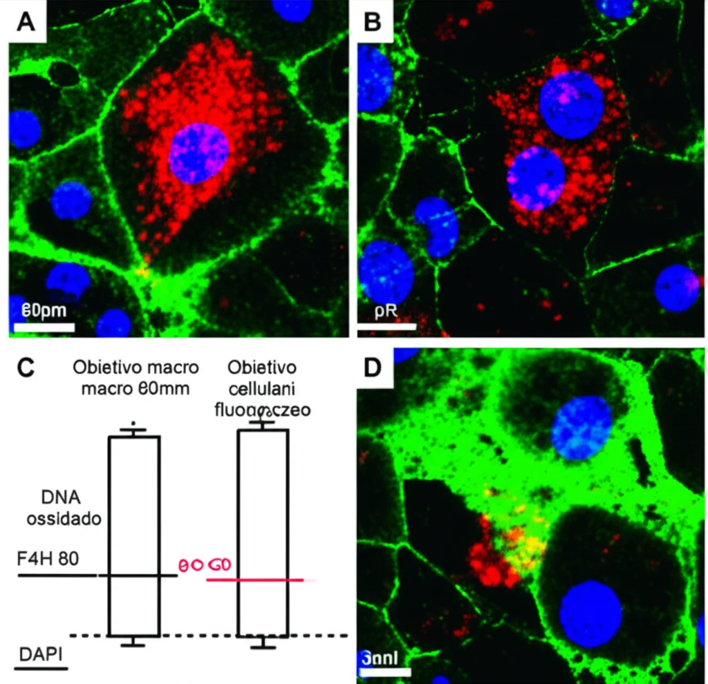 Immagine microscopica a fluorescenza ad alta risoluzione del tessuto renale di un topo con AKI. Si vedono chiaramente i macrofagi (marcati in rosso con F4/80) che hanno inglobato DNA ossidato (marcato in verde con 8OH-dG). I nuclei cellulari sono colorati in blu (DAPI). Obiettivo macro 60mm, alta definizione, illuminazione controllata per fluorescenza.