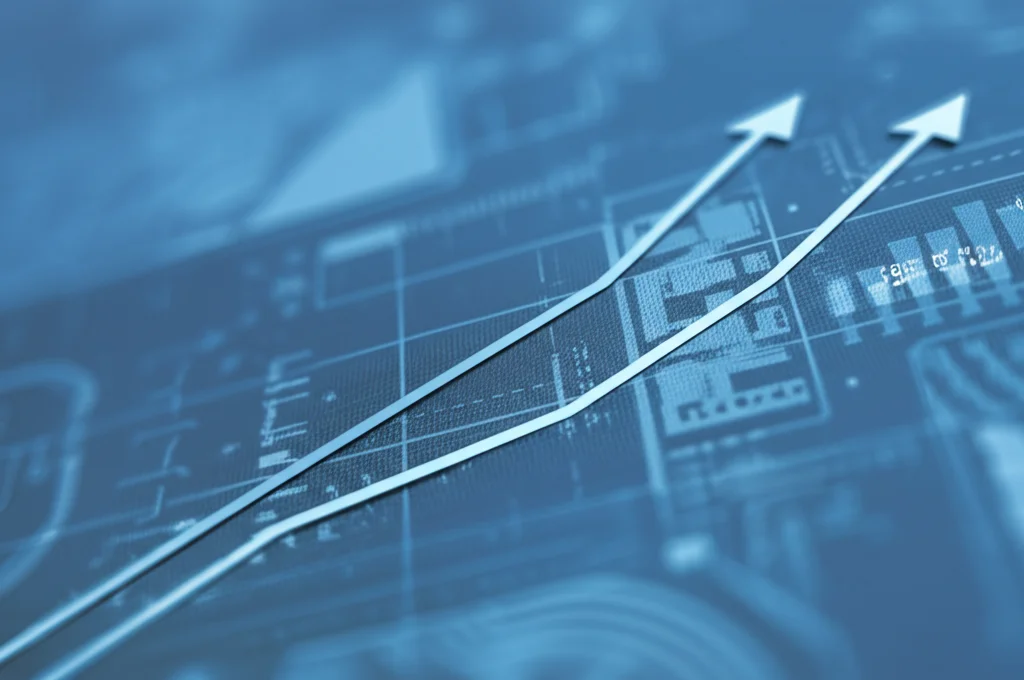 Grafico stilizzato che mostra due linee di reddito divergenti (una urbana in crescita rapida, una rural in crescita lenta) su uno sfondo high-tech cinese. Obiettivo prime 35mm, profondità di campo ridotta per focalizzare sulle linee, duotone blu e grigio per un look moderno e analitico.