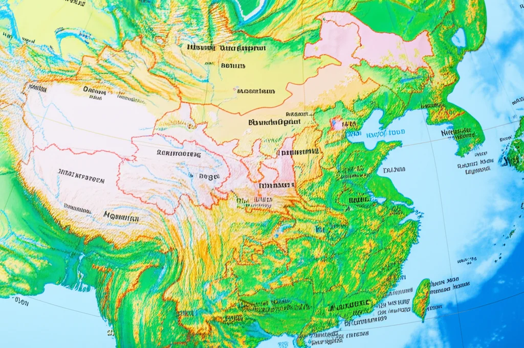 Mappa stilizzata della Cina che evidenzia le regioni orientali e i delta dei fiumi principali con diverse intensità di colore per rappresentare il divario di reddito. Fotografia paesaggistica, obiettivo grandangolare 20mm, messa a fuoco nitida su tutta la mappa, colori vibranti ma con contrasti evidenti tra le aree.