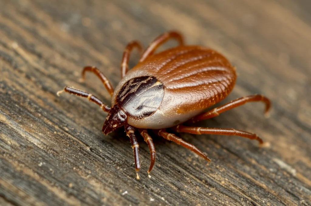 Macro fotografia di una zecca Argas persicus su una superficie ruvida come legno o pietra, illuminazione controllata laterale per massimo dettaglio della sua texture coriacea, obiettivo macro 90mm, messa a fuoco precisa sul corpo appiattito della zecca.