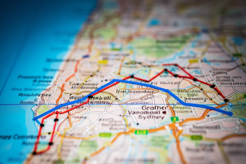 Grafico interattivo che mostra la correlazione tra livelli di NO2 (linea rossa) e incidenti stradali (linea blu) in un'area specifica di Sydney. Macro lens 70mm, high detail sui punti dati, sfondo sfocato con mappa della città.