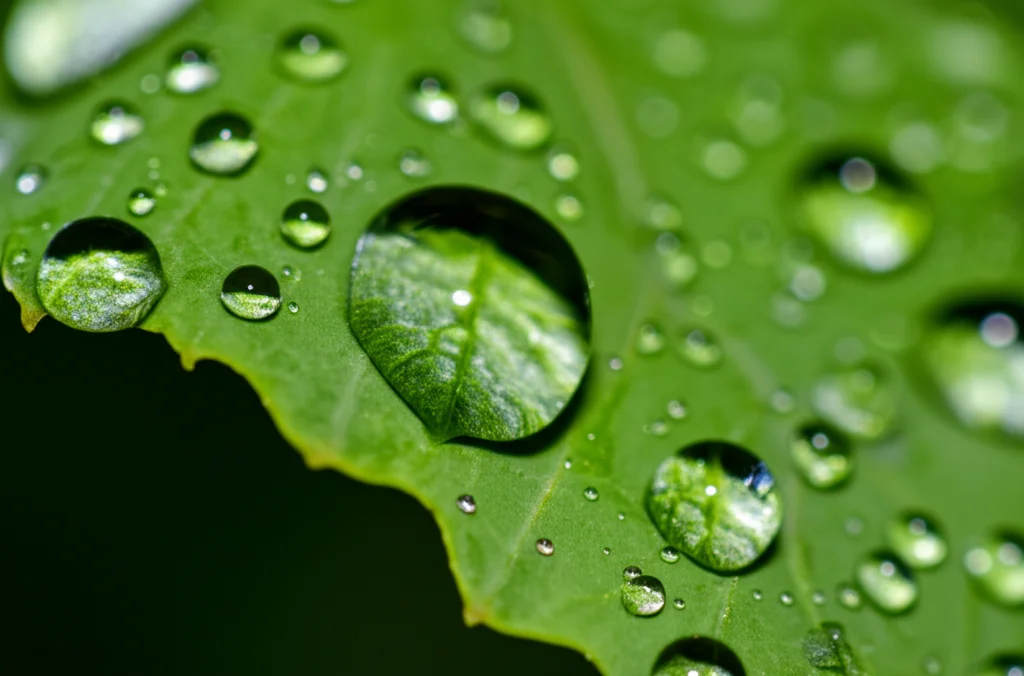 Macro fotografia di una foglia di colza (Brassica napus) con goccioline d'acqua sulla superficie, che mostra una colorazione verde intensa ma forse con lievi segni di ingiallimento ai bordi. Obiettivo macro 90mm, alta definizione, illuminazione laterale controllata per evidenziare la texture e le nervature, messa a fuoco precisa.