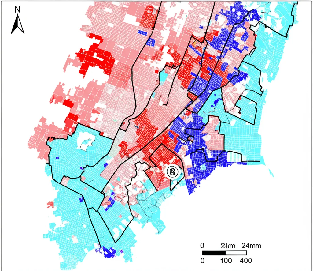 Mappa Choropleth di Sydney che visualizza i cluster di autocorrelazione spaziale locale (LISA) per le emissioni di acque reflue, usando colori distinti (rosso per HH, blu scuro per LL, azzurro per LH). Wide-angle lens 24mm, sharp focus, stile cartografico chiaro.