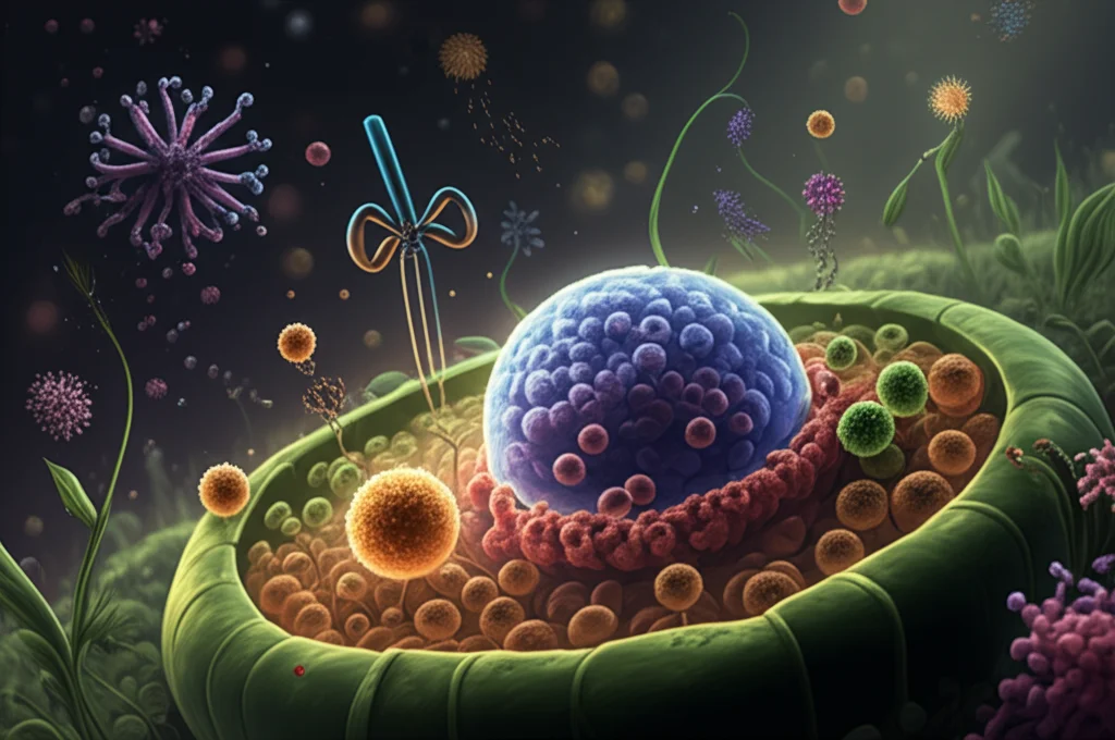 Visualizzazione astratta di enzimi antiossidanti (molecole proteiche stilizzate) che neutralizzano specie reattive dell'ossigeno (sfere luminose instabili) all'interno di una cellula vegetale. Colori vibranti, illuminazione dinamica, stile quasi microscopico ma artistico.