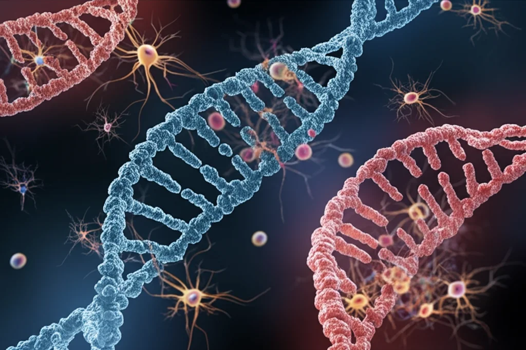 Illustrazione astratta di doppie eliche del DNA che si intrecciano con rappresentazioni stilizzate di cellule immunitarie e neuroni, obiettivo macro 70mm, alta definizione, illuminazione drammatica con contrasti netti, sfondo scuro.