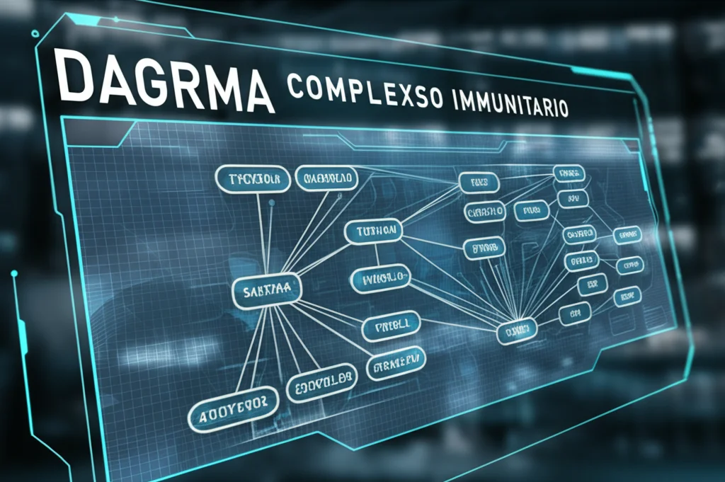 Diagramma complesso che mostra le interconnessioni tra sistema immunitario, cervello e geni, visualizzato su uno schermo digitale futuristico, obiettivo grandangolare 24mm, luce ambientale soffusa, focus nitido sui dettagli del diagramma.
