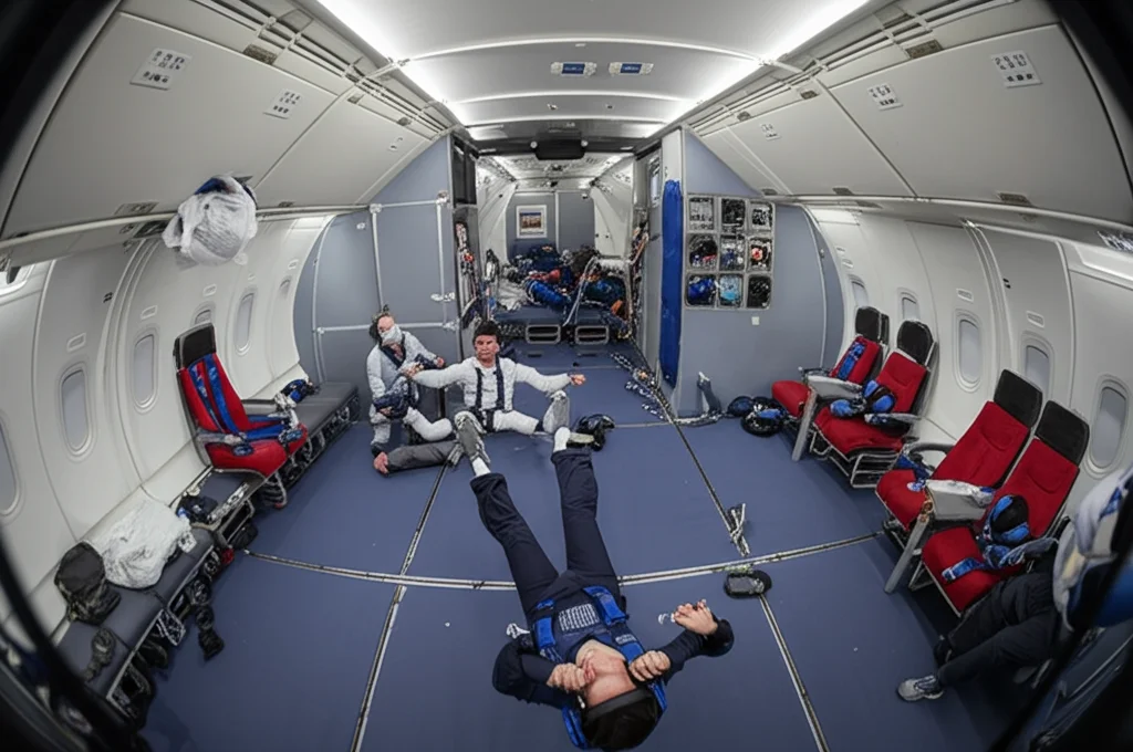 Interno di un aereo per voli parabolici durante la fase di microgravità (0G), persone e attrezzature fluttuano liberamente nella cabina. Luce ambientale mista, obiettivo grandangolare 15mm per catturare l'ampiezza della cabina e il senso di assenza di peso, messa a fuoco nitida, stile fotorealistico.