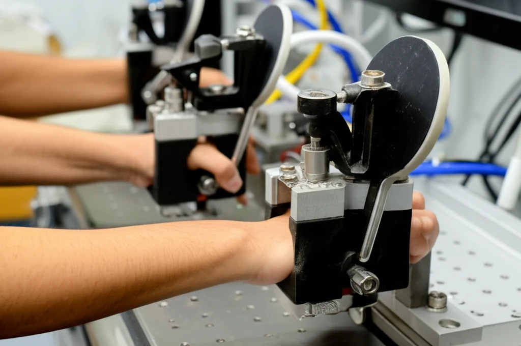 Close-up del setup sperimentale utilizzato nell'aereo, mostrando le leve (paddles) regolabili dove i partecipanti appoggiavano gli avambracci. Dettagli meccanici visibili. Illuminazione controllata tipica di un ambiente sperimentale, obiettivo macro 70mm per evidenziare i dettagli del meccanismo e dei supporti, alta definizione, messa a fuoco precisa.