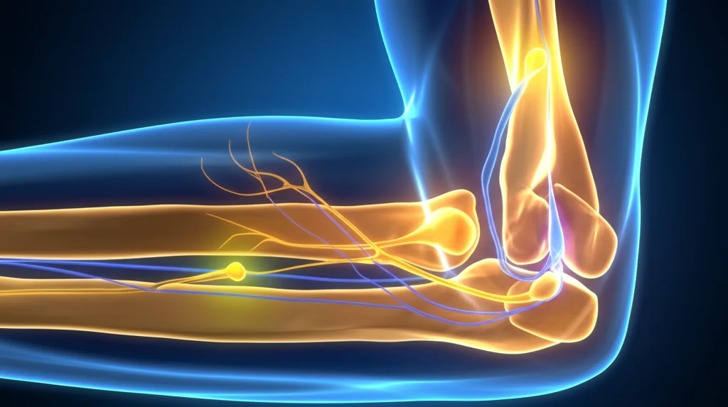 Illustrazione concettuale astratta che mostra segnali neurali stilizzati, simili a impulsi luminosi, emanare da un fuso neuromuscolare (struttura allungata) e da un recettore articolare (struttura più compatta) vicino a un'articolazione schematica del gomito. Colori blu e gialli brillanti su sfondo scuro per rappresentare i segnali nervosi, stile quasi macro, illuminazione drammatica focalizzata sui recettori.