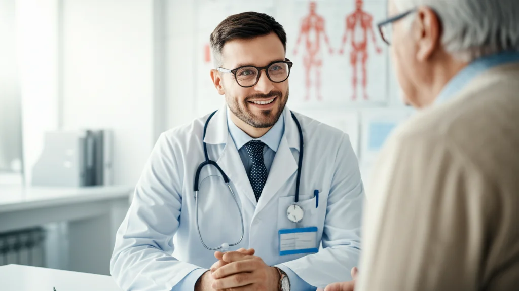 Ritratto ambientato, 35mm, di un medico sorridente che parla con un paziente anziano in uno studio medico luminoso. Profondità di campo ridotta per focalizzare sui soggetti, atmosfera rassicurante, luce naturale.