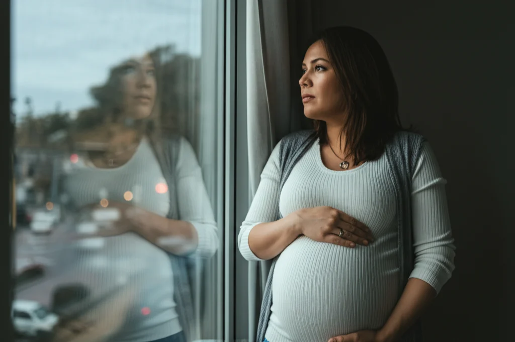 Fotografia di ritratto, donna incinta di circa 30 anni, espressione pensierosa mentre guarda fuori da una finestra su una strada trafficata della città, luce naturale soffusa, obiettivo 35mm, profondità di campo, toni leggermente desaturati.