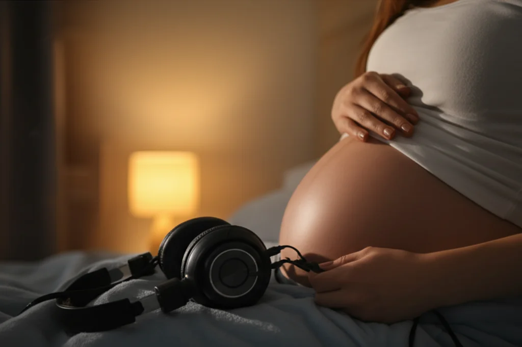 Fotografia still life, un paio di cuffie moderne appoggiate delicatamente su un ventre di donna incinta visibilmente nel terzo trimestre, luce calda e morbida da una lampada vicina, obiettivo 60mm macro, messa a fuoco selettiva sulle cuffie, sfondo sfocato.