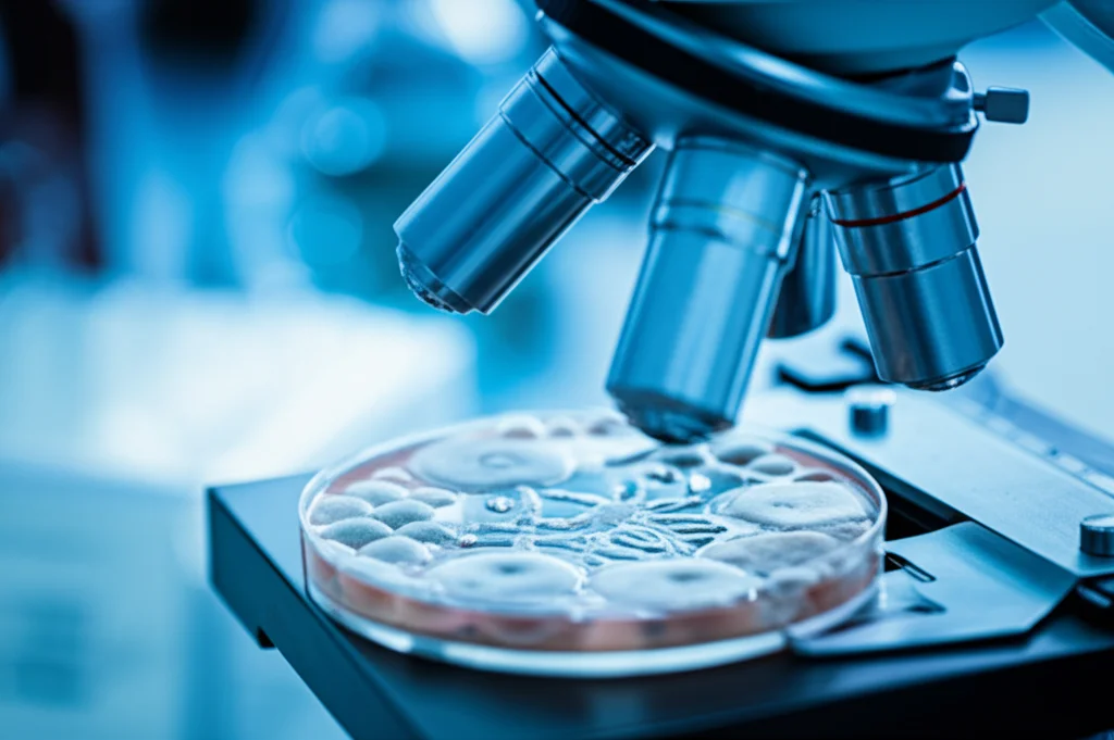 Microscopio in un laboratorio clinico moderno, focalizzato su una piastra di Petri con coltura fungina di Aspergillus visibile. Luce controllata, obiettivo macro 90mm, alta definizione dei dettagli delle ife fungine.